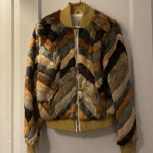CHA SOER Multicolor Faux Fur Bomber Jacket with Ribbed Knit Trim